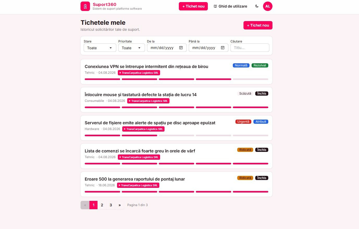 Portalul clientului, pagina „Tichetele mele
