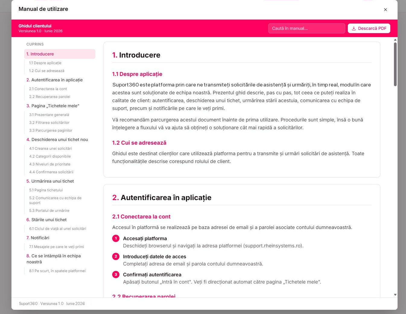 Manualul de utilizare integrat: Ghidul clientului cu cuprins pe capitole, căutare în manual și buton de descărcare PDF